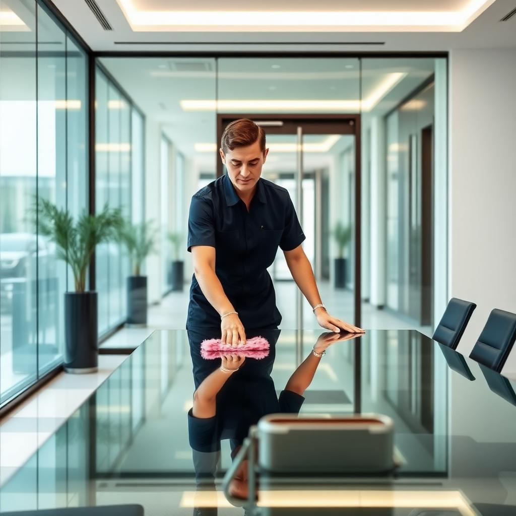 Professional Integrix cleaner detailing a modern Class A office conference room